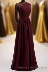 One Shoulder Burgundy A-line Chiffon Long Bridesmaid Dress